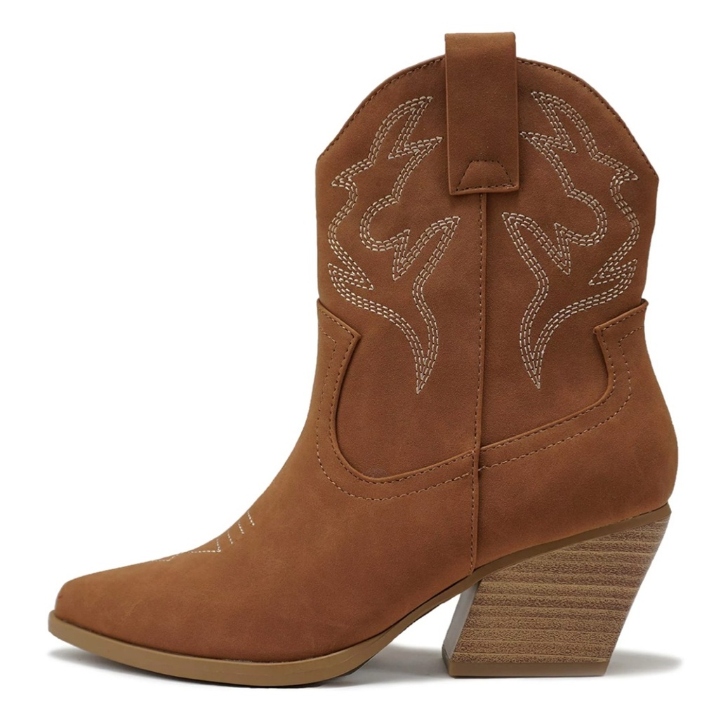 Cognac Pointed Toe Cowboy Ankle Booties
